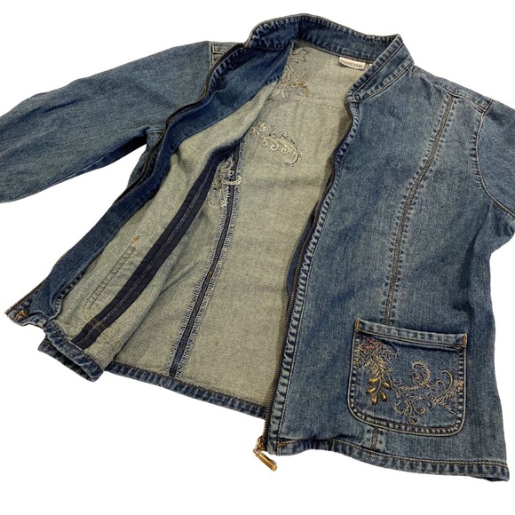 Vintage 90's Embroidered Beaded Blue Denim Jacket Size 1 Women's Chico's Boho - Picture 7 of 14